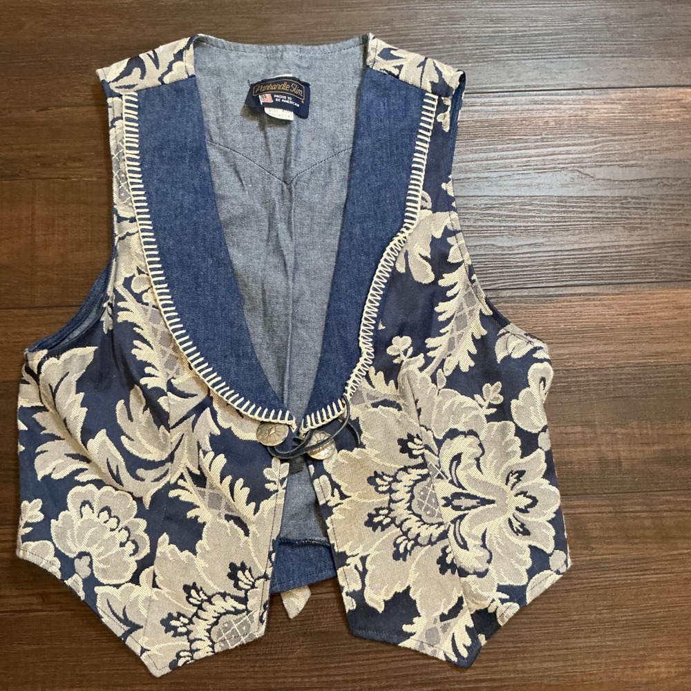 Panhandle Slim Vintage Western Floral Tapestry Vest Blue Concho Large USA Made